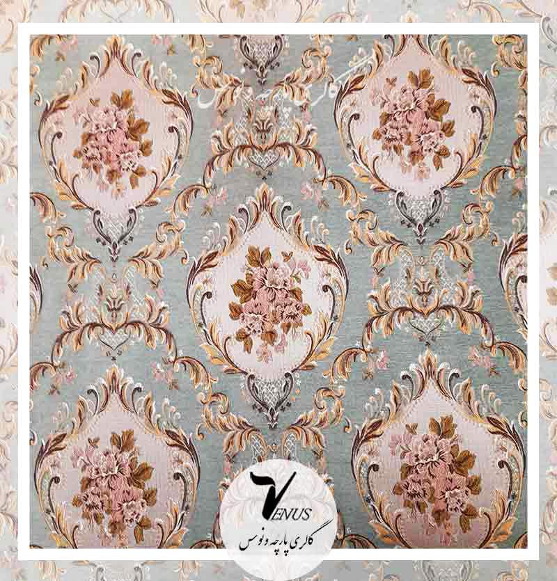 پارچه شانل ترک مبلی سبز آبی تک گل و سه گل | Pinar