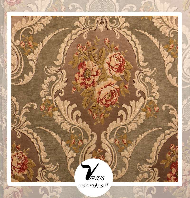 پارچه مبلی ایشیک قطیفه ترکیه | طرح گلد 403 | رنگ قهوه ای