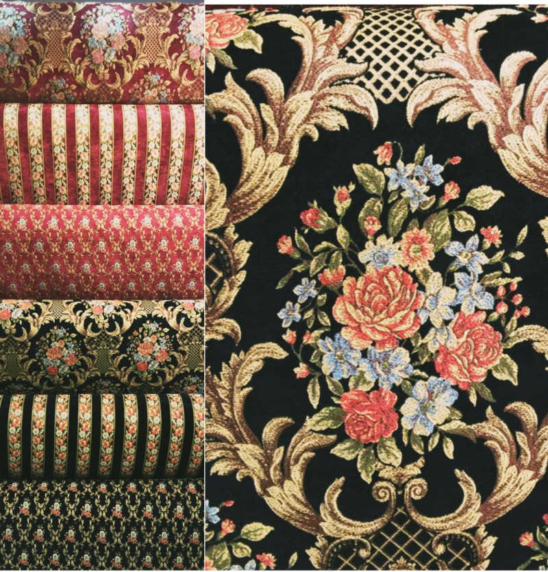 پارچه مبلی ترک شانل تافته مشکی راه راه و گلدار | Viskon