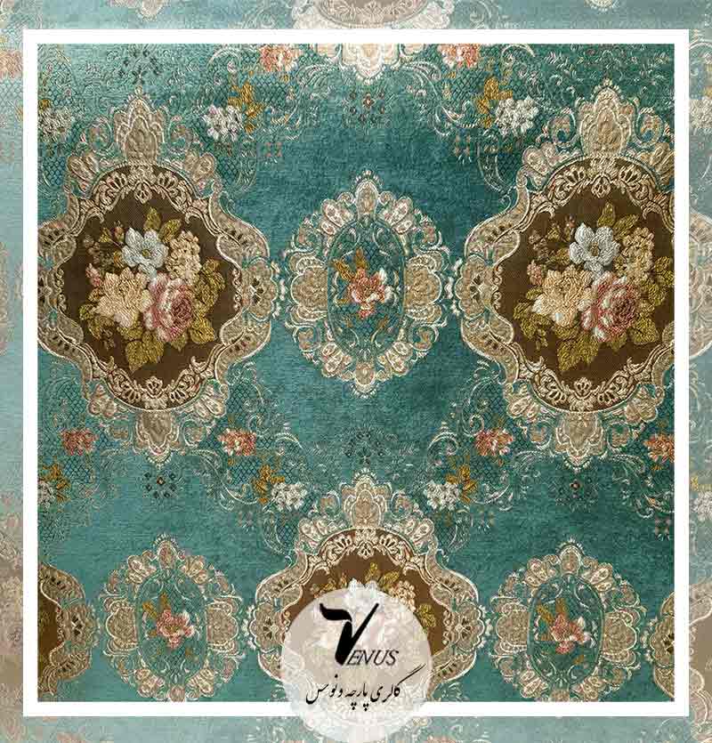 قیمت و خرید پارچه مبلی ترک شانل گل داماس سه گل چهارگل آبی