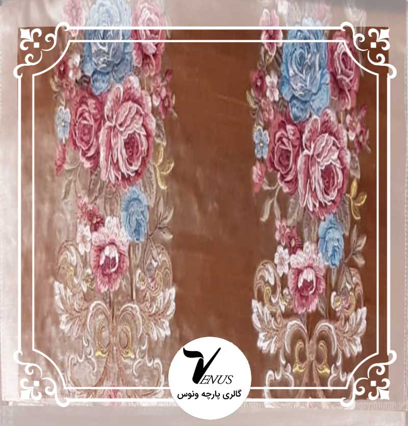 پارچه مبلی ترک مخمل گلدوزی شده رنگ بژ طرح راه
