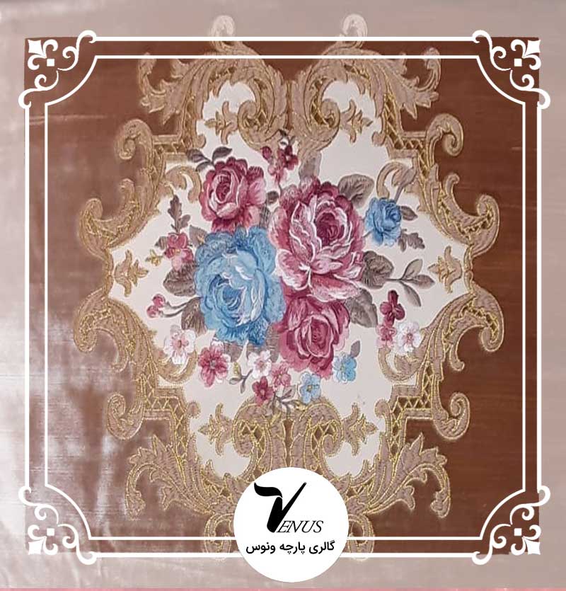 پارچه مبلی ترک مخمل گلدوزی شده رنگ بژ طرح گل داماس
