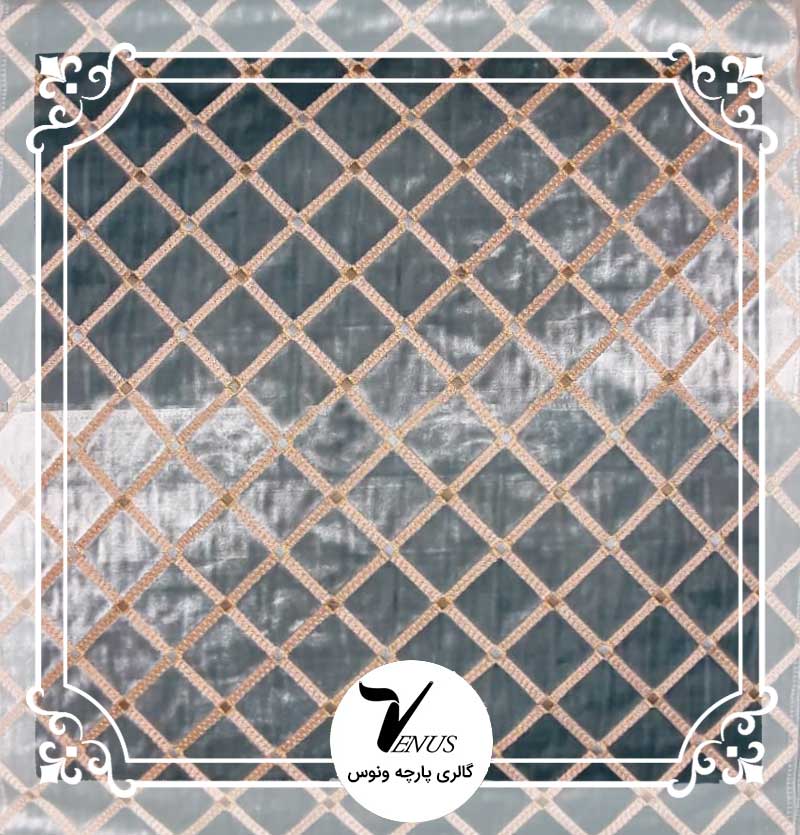 پارچه مبلی ترک مخمل گلدوزی شده رنگ آبی طرح لوز