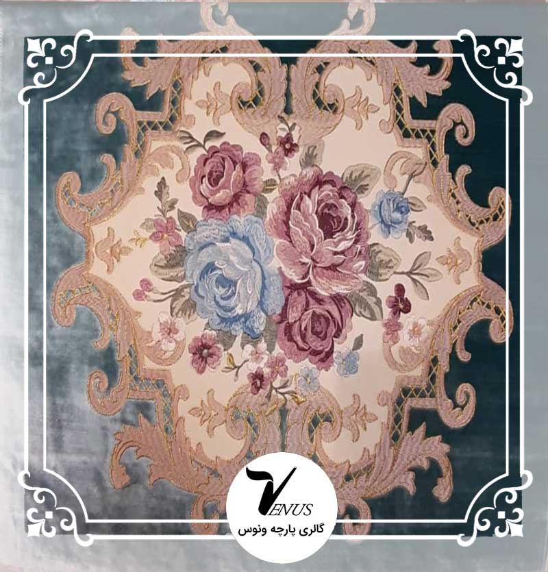 پارچه مبلی ترک مخمل گلدوزی شده رنگ آبی طرح گل داماس