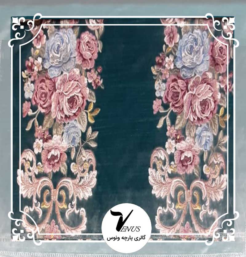 پارچه مبلی ترک مخمل گلدوزی شده رنگ آبی طرح راه