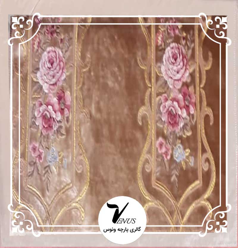 پارچه مبلی ترک مخمل گلدوزی شده رنگ بژ طرح راه برند کولی