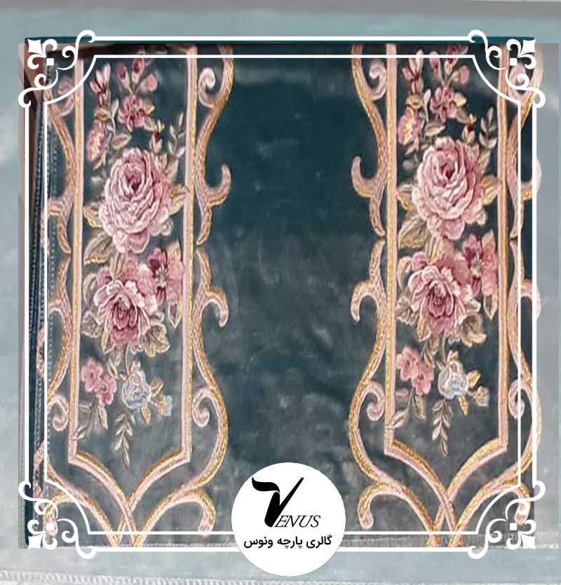 پارچه مبلی ترک مخمل گلدوزی شده رنگ آبی طرح راه برند کولی