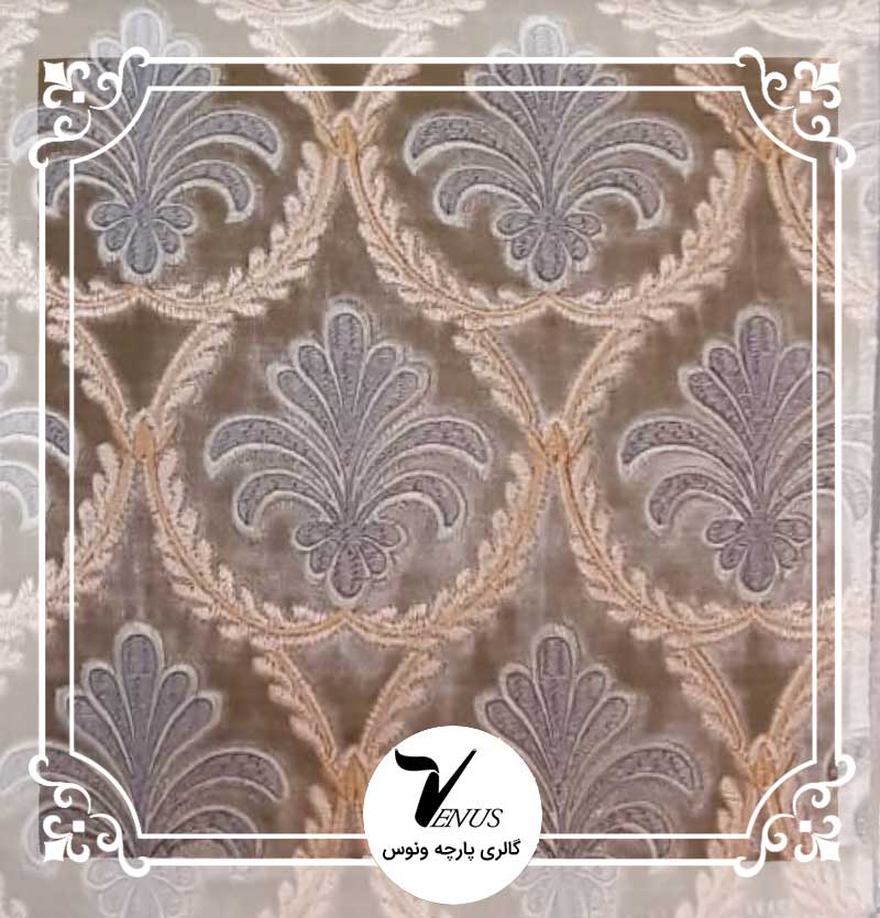 پارچه مبلی ترک مخمل گلدوزی شده 2046 الحسین رنگ بژ هندسی
