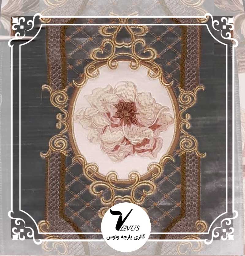 پارچه مبلی ترک مخمل گلدوزی شده 2046الحسین رنگ سبزآبی طرح راه