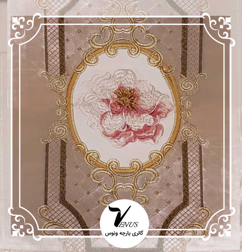 پارچه مبلی ترک مخمل گلدوزی شده 2046 الحسین رنگ کرمروشن راه