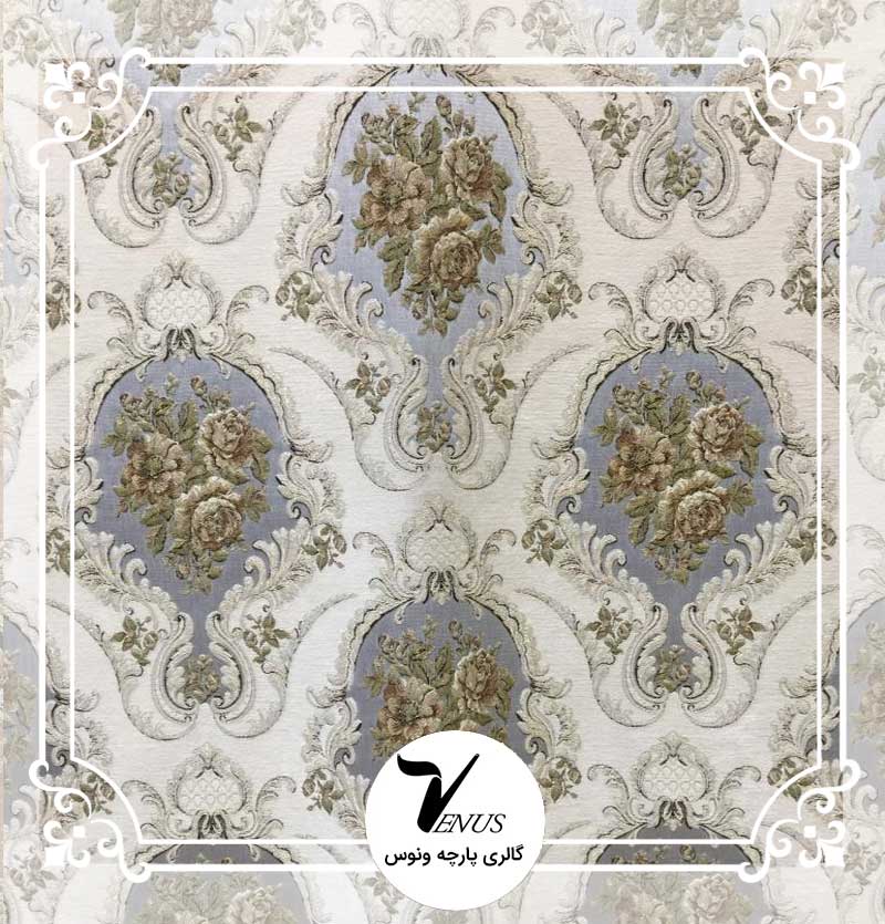 پارچه مبلی ترک شانل تافته طرح گلد رنگ فیروزه ای