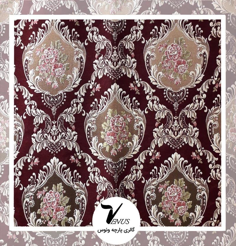 پارچه مبلی ترک شانل تافته پینار رنگ زرشکی طرح دوگل سه گل
