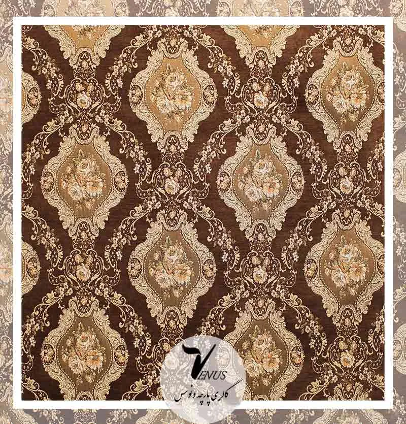 خرید پارچه مبلی گلدار قهوه ای ترک سه گل چهار گل | ونوس